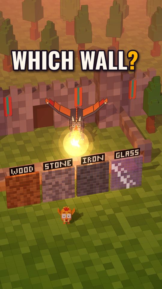 Episode 1 cover: a voxel dragon faces four walls labelled WOOD, STONE, IRON and GLASS under the words WHICH WALL?
