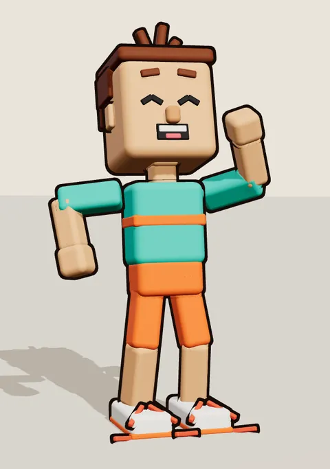 Noodle, a lanky voxel guy in a teal-and-orange outfit, grinning with a fist raised