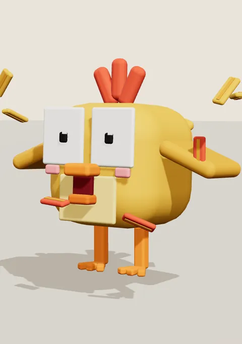 Nugget, a round golden voxel chicken, wings up and beak open in a panic