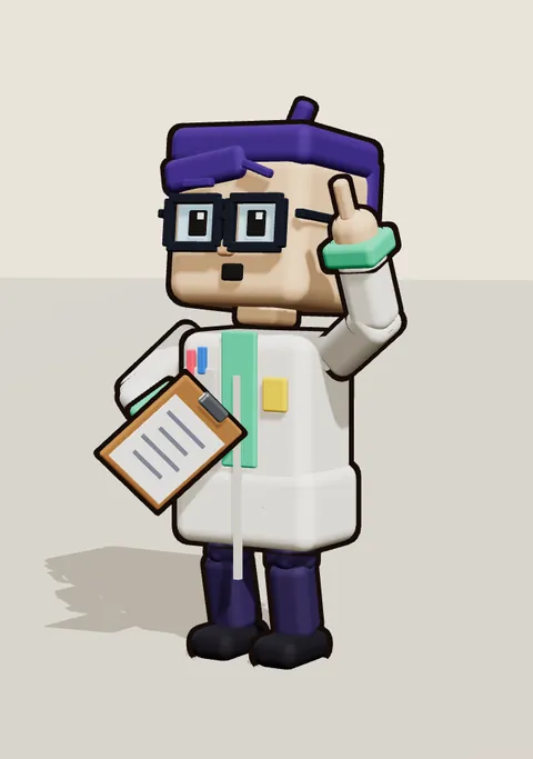 Pixel, a small voxel scientist with purple hair, square glasses, a lab coat and a clipboard, raising a finger